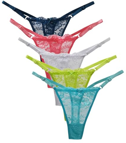 marysgift 5 Pack Lace Thongs for Women Underwear T Back Low Waist Panties 3417 Multi17 XL UK 12 14