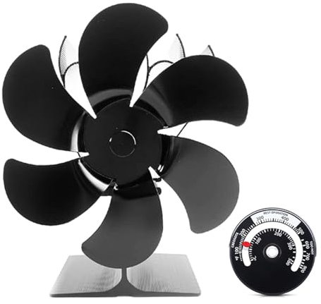 Ventilador de estufa, Estufa de calor con ventilador, poco ruido, color negro, 6 aspas, quemador de madera, ventilador for hogar, estufa de leña, calentador de invierno for interiores y hogares(With T
