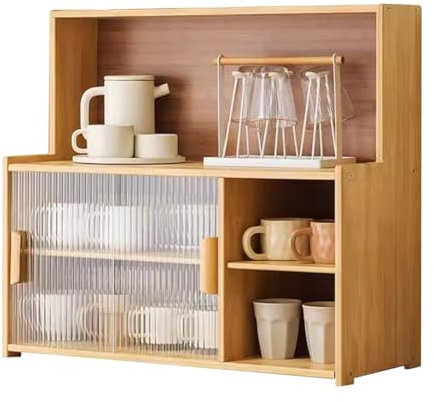 Vitrina de vidrio de chupito, soporte para tazas de café, armario de almacenamiento para cocina o habitación, mostrador de alimentos, despensa para tarros, tazas, tazas, botellas, bambú natural, 67 x
