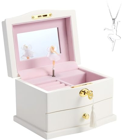 Lihou PapaQ Weiße Ballerina-Schmuckschatulle für Mädchen, Holz-Schmuckaufbewahrung mit Spiegel, Schloss und doppelter Schublade, drehbare Ballerina-Spieluhr, ideales Geschenk für Kinder zu Weihnachten