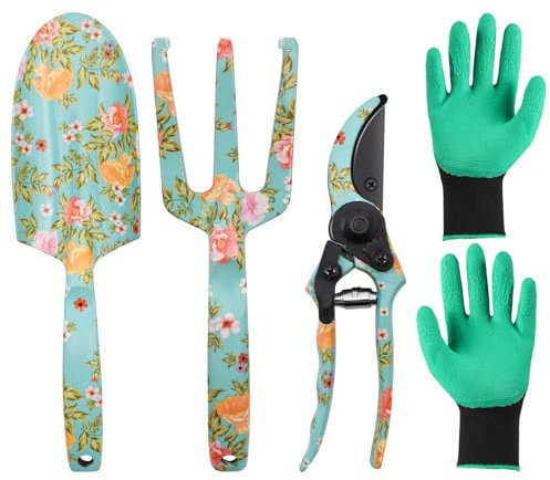 JNUYISW Gartenwerkzeug Set, 4 Stück Gartenwerkzeug mit Aufdruck Inklusive Gartenschere, Gartenschaufel, Gartenkralle, Handschuhe Gartengeschenk Set Geburtstagsgeschenke für Frauen, Gartenliebhaber