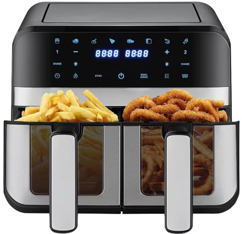 Friteuse à Air Sans Huile 9L, Double Zone avec Fenêtre de Visualisation, Écran Tactile, 2 Tiroirs, Fonctions de Cuisson Multiples, Minuterie Intelligente, Cuisson Faible en Gras Noir