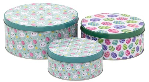 Carousel Home Set of 3 Easter Nesting Tins | 3-piece Round Fairy Cake Biscuit Muffin Storage Display Tins | Cute Bunny & Easter Egg Design