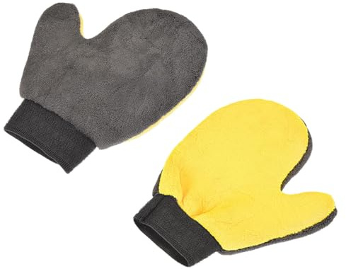 Nicear 2-Pack Chenille Cleaning Mitts Microfiber Multi-Surface Gloves for Car Dishes Windows and Blinds 9x8 Inch Dust Removal Washing Mitts (Yellow/Gray Coral Fleece)