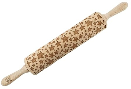 MoodForWood Teigroller aus Holz, Gravierte Holzrolle mit Wunschname auf Griff, Roller mit Muster für Teig, Kuchen & Backwaren, Nudelholz für Müheloses Ausrollen, Ø 6 cm x 43 cm, Sterne