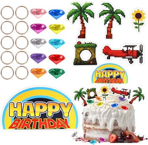 Cartoon Cake Toppers Set, Cartoon Themed Birthday Party Decorations with Happy Birthday Toppers Trees Rings and Colorful Diamonds Ideal Cake Decorations and Party Supplies