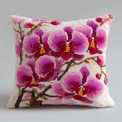 XDEGHUANGSS Kit de coussin latch hook 43x43 cm,Tapisserie point noué DIY avec motif pré-imprimé,kit de broderie fait main pour débutants et adultes,décoration intérieure(Orchidée)