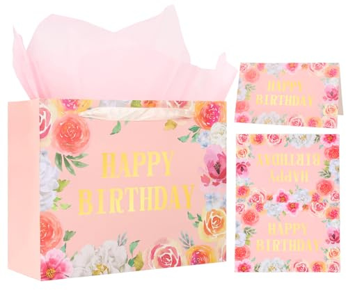 Geschenktüten 33×12×26cm, Rosa Geschenktüten Geburtstag, Geschenktüte Groß Papiertüten mit Henkel, Seidenpapier,Grußkarte,Papiertüten Groß für Mädchen Frauen Geburtstag Geschenkverpackung Blumendesign