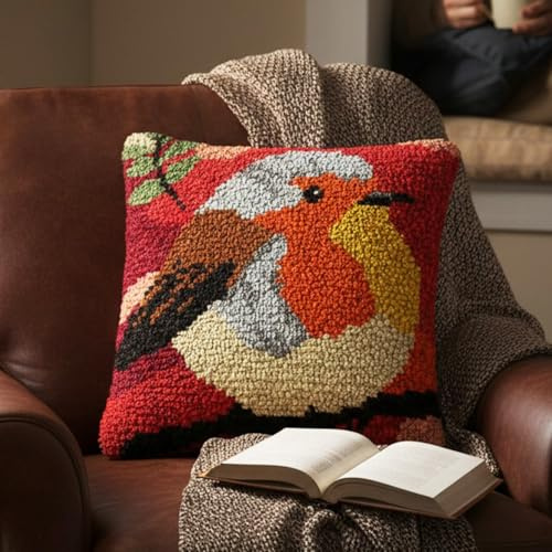 Xqzbmt Robin Cushion Latch Hook Cushion Kits for Adults Beginners, Pre-Printed Canvas DIY Embroidery Cushion Cover, 17x17in Rug Making Kit Home Sofa Festive Decor & Gift