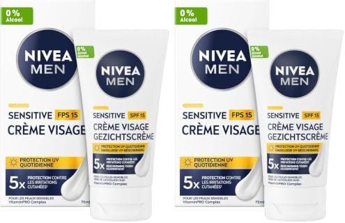 NIVEA MEN Crème Visage FPS 15 pour peaux sensibles (1 x 75 ml), soin visage hydratant homme 0% alcool, crème pour homme à la peau sensible et irritée, crème solaire visage pour homme (Lot de 2)