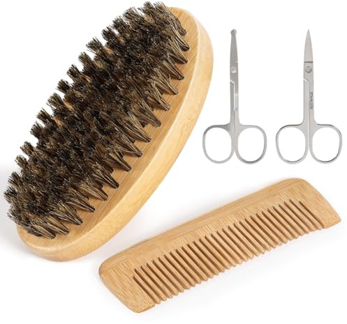 SIMPOR 4 PCS Bamboo Beard Brush Set, Natural Boar Bristles Beard Brush for Men with Wide-tooth Comb, Grooming Scissors, Travel Men's Bamboo Wooden Mustache Brush for Great Styling