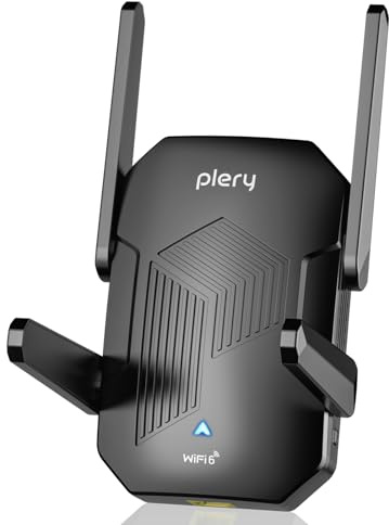 PLERY Répéteur WiFi 6 Amplificateur WiFi Puissant sans Fil, 1500 Mbit/s Double Bande 2.4G et 5G avec Port Ethernet, Installation Facile, 4 Antennes WiFi Booster Compatible avec Toutes Les Box Internet
