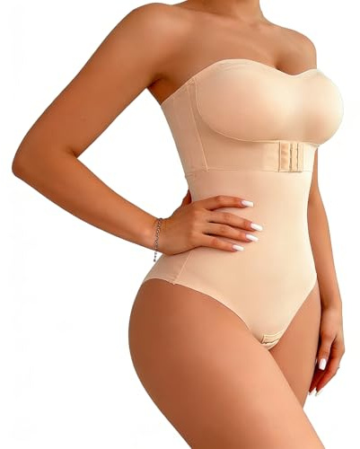 Fjquamitix Shapewear Bodysuit Strapless Waist Trainer Women Body Shaper Seamless Push Up Shapewear Tummy Control For Women Removable Pads & Straps (Skin, XL)