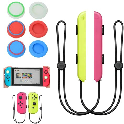 FinalCool 1 Paire Dragonne pour Nintendo Switch JoyCon avec 6 Capuchons de Poignée de Joystick, Bracelet de Contrôleur Élastique Réglable, Manette Accessoires de Remplacement de Poignée pour Joy-Con