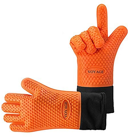 Voyage Premium Guanti da Forno (Set da) Fino a 350 °C - Silicone Estremamente Resistenti al Calore Guanti da Barbecue Isolation Pads - Extra Lunghi Guanti da Forno per Extreme Sicurezza, Orange