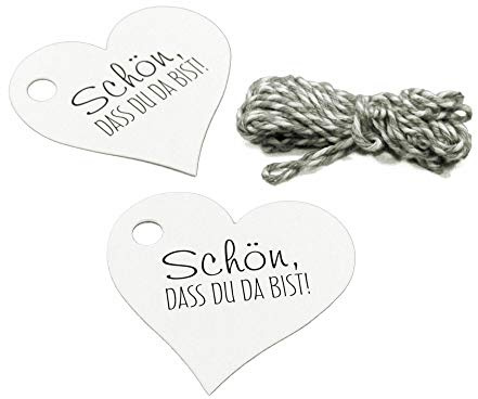 Frau WunderVoll® 40 ANHÄNGER Weiss, Herz, SCHÖN, DASS DU DA BIST, inkl. 12 Mtr. Kordel/Papieranhänger, Geschenkanhänger, Gastgeschenk Hochzeit, Vintage, Etiketten, Tags, Geburtstag, Dekoration