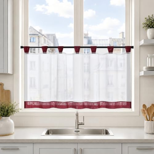Joyswahl Bistrogardine Voile Schlaufen Scheibengardine Mia 60x120cm Winerot | Gardinen Küchen Transparenter Vorhang,1er Pack,Küchengardinen modern,Kurzgardine,Kurzstores Küchenfenster