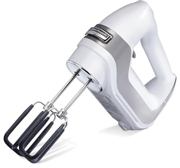 Hamilton Beach Professional 7-Speed Digital Electric Hand Mixer with High-Performance DC Motor, Slow Start, Snap-On Storage Case, SoftScrape Beaters, Whisk, Dough Hooks, White (62656)