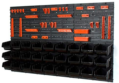 SimpleThing 27 Stapelboxen mit Wandregal 120 x 80 cm | Lagerregal Werkzeugwand Werkstatt Garage Wandplatten schwarz orange