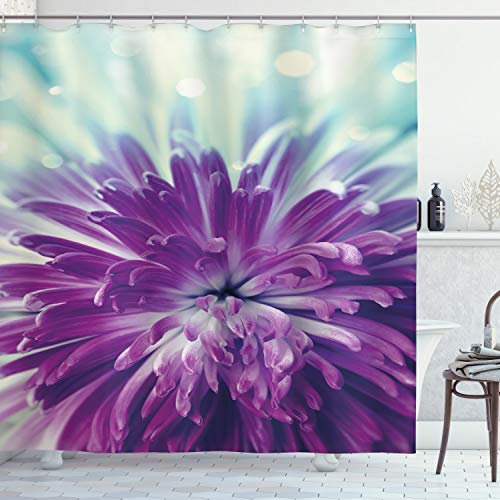 ABAKUHAUS Dahlie Duschvorhang, Blooming Blumenmotive, Stoffliches Gewebe Badezimmerdekorationsset mit Haken, 175 x 180 cm, Lila Mint Green