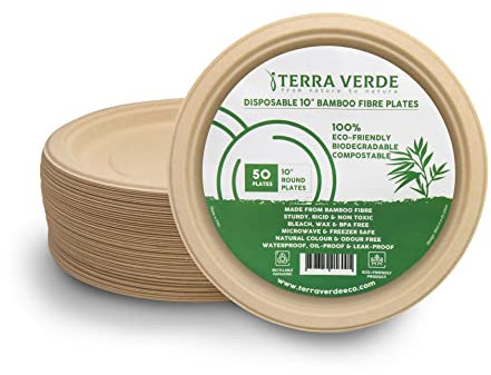 Terra Verde 50-Pack Disposable Bamboo Fibre Paper Plates – 10 Inch (25 cm) Round, Unbleached Natural Brown – Compostable, Eco-Friendly, Plastic-Free – Extra Strong Plates for BBQs, Parties & Picnics