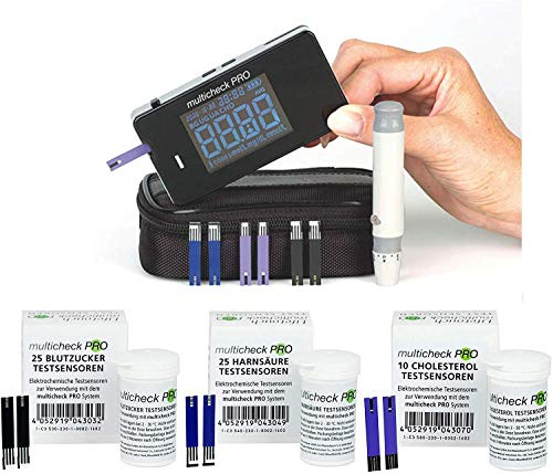 Lifetouch Multicheck PRO (set completo) con 25 zuccheri nel sangue + 25 acido urico + 10 sensori di prova del colesterolo + ausilio di puntura Varioclix + lancette + borsa, per casa o studio medico