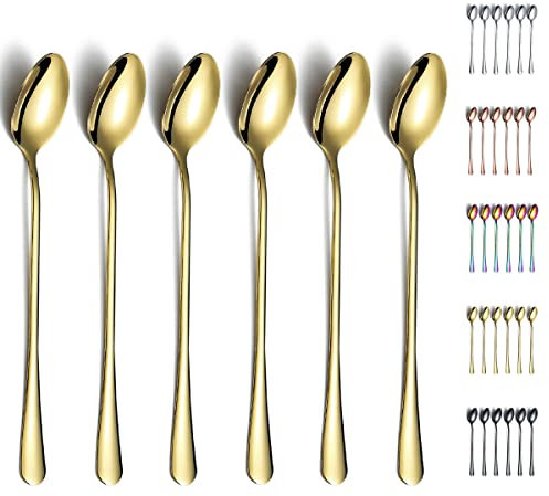Gold Iced Eisteelöffel,Kyraton Edelstahl 7,5 Langer Griff Rührlöffel mit Gold Titanium Beschichtung,Eislöffel, Rührlöffel, Eislöffel, Barlöffel, Cocktaillöffel, Latte-Löffel, 6 Stück