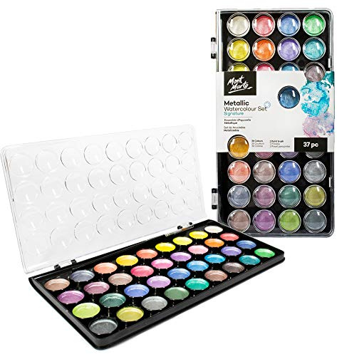 Mont Marte Aquarellfarben Metallic – 36 Wasserfarben – Inklusive Pinsel – Kompaktes Set – Ideal für Aquarellmalerei – Geeignet für Anfänger, Profis