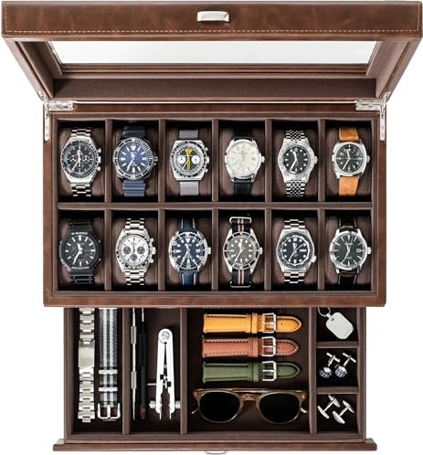 TAWBURY Watch Box for Men - 12 Slot Watch Case with Storage Drawer, Real Glass Display and 2-inch Wide Pillows for Large Watches (Brown)