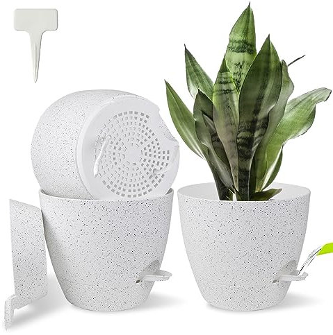 STURME 20CM Plant Pots Indoor 3 Pack, Self Watering Plant Pots with Drainage Holes,Saucers and Reservoir,Suitable for flowers, plants Indoor modern fashion decorative Plastic Plant Pots.(White)