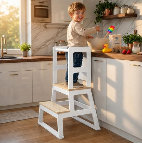 Baby Vivo Lernturm aus Holz - Tower Küche Kindermöbel Learning Tower - Schemel Lerntower für Kinder ab dem Stehalter - Tritthocker mit Tafel Montessori Küchenhelfer Lernstuhl in Weiß