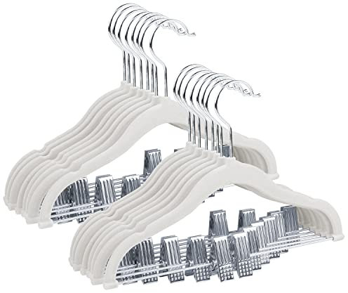 ManGotree Cintres en Velours 30cm pour Bébés avec Pinces Mobiles, Cintres Antidérapants pour Enfants, Cintres en Feutre Ultra-Minces et Peu Encombrants (16 Paquets, Blanc)