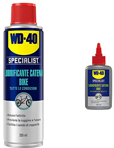 WD-40 Bike Lubrificante Catena Bici Spray al PTFE Per Varie Condizioni, 250 Ml, Trasparente & Bike - Lubrificante Catena Bici e MTB per Condizioni Asciutte e Polverose Formula con PTFE - 100 ml