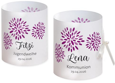 Tischdeko floral personalisierbar 8 x Lichthülle Konfirmation, Jugendweihe, Geburtstag Taufe, violett lila Blütenmuster
