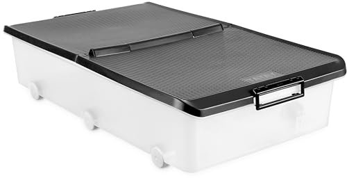 Tatay Boîte de rangement sous lit avec couvercle à double ouverture, capacité 63 L, avec poignées et roulettes, couvercle 100% matériaux recyclés, sans BPA, noir. Dimensions 45 x 78 x 18 cm