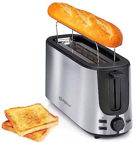 alpina Toaster 2 Scheiben - Toaster mit Brötchenaufsatz - Toaster Langschlitz und Auftaufunktion - 7 Bräunungsstufen Küchengeräte - 230V - Edelstahl - 1000 W - Silber