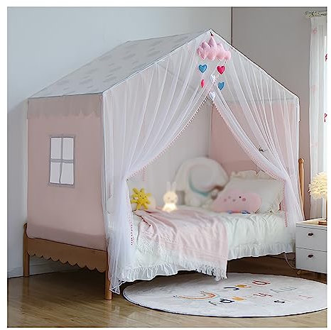 LONONE Kinder-Himmelbett-Vorhang, 4 Ecken, Pfosten-Himmelbett-Vorhänge für Jungen und Mädchen, Moskitonetz, Bettrahmen-Vorhang, Baldachin, Schloss-Stil,Rosa,Queen S