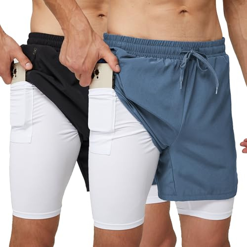 frueo 2-pack 2-i-1 löparshorts för män snabbtorkande gymshorts lätta sport atletiska träningsshorts med dragkedja ficka kompression basfoder träningsshorts, 0609blackhazeblue, M
