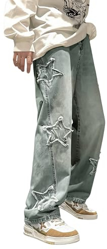 DINGJIUYAN Star Jeans for Women Girls Baggy Cute Patchwork Denim Pants Y2k High Waisted Jeans