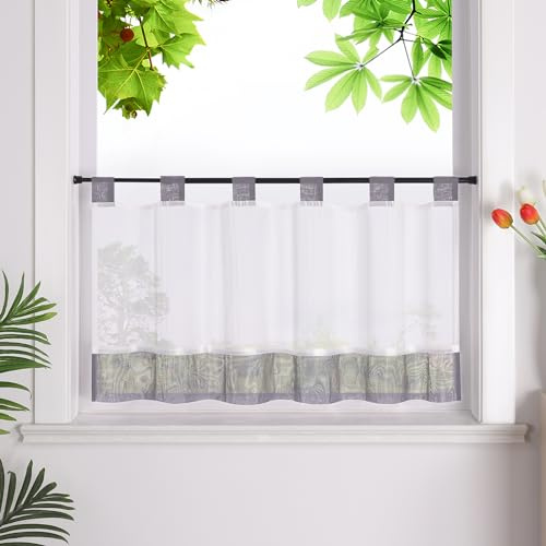 HeichkelL Scheibengardine, Leinenoptik Gardine, Grau HxB 60x145 cm | Küchengardine mit Schlaufen, Halbtransparent Bistrogardine, Landhausstil Kurzstores