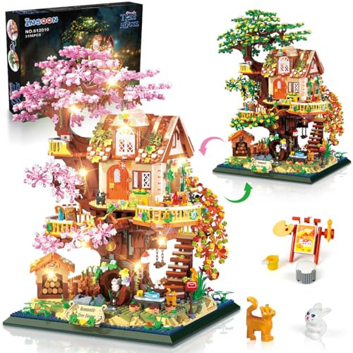 INSOON 2 in 1 Baumhaus Bauspielzeug mit LED Licht, 3196 Stück Kirschblüten Blumen Baum Haus Mini Bauklotz, Friends Wald Häuser Bausatz Spielzeug Geschenk für Erwachsene Kinder Mädchen Jungen Alter 10+