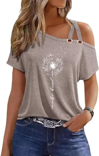 Summer Tops for Women Short Sleeve Tunic Blouse Casual Dressy Shirts One Shoulder Neck Loose Fit Shirt