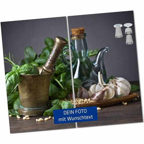 INDIGOS UG Herdplattenabdeckung - 2-Set 52x30cm mit Foto & Wunschtext Echtglas 8mm individuell personalisiert - höhenverstellbare Glas Abdeckplatte für Herdplatten, Schneidebrett & Spritzschutz