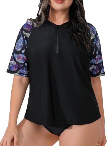 Halcurt Schwimmshirt Damen Übergröße Rash Guard UV Shirt Kurzarm 1/4 Zip UPF 50+ UV Schutz Badeshirt Schnell Trocknender Bademode 4X