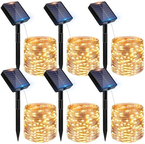 Peasur 6 Stück Solar Lichterkette Outdoor, 6x12M 120 LED Lichterkette Außen | IP65 Wasserdicht Kupferdraht Lichterkette Aussen, 8 Modi Solarlichterkette für Balkon Garten Party Hochzeit Deko, Warmweiß