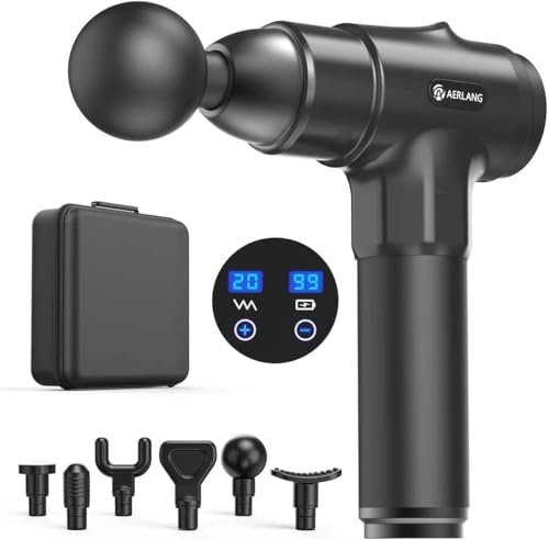AERLANG Pistola da massaggio, massaggiatore a percussione per tessuti profondi, pistola per massaggio muscolare, massaggiatore portatile per muscoli a 20 velocità e 6 testine massaggianti, regalo di