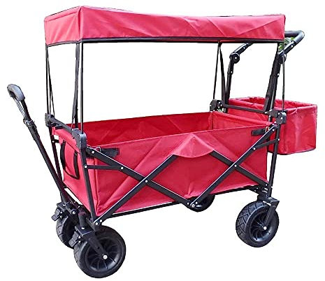 CRBUDY Handwagen, zusammenklappbarer Gartenwagen, robuster Wagen mit Überdachung, multifunktionaler Einkaufswagen für Outdoor-Camping und Strand, mit 4 Rädern, Tragkraft 150 kg/Marineblau