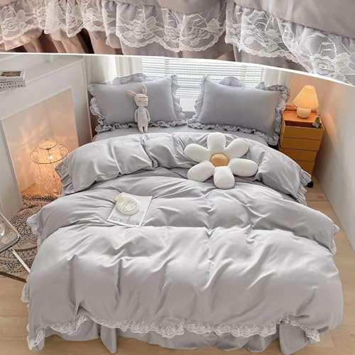 Rüschen-Spitzen-Bettwäsche-Sets für Mädchen und Frauen, graue Rüschenspitze, King-Size-Bettbezug-Set, weich und leicht, Mikrofaser, Bettbezug (220 x 230 cm, 3 Stück)