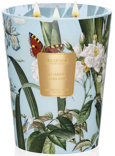 M&SENSE Jasmin Duftkerze im Glas groß 3 Dochte stark duftende 990g 150 Stunden lange Brennzeit natürliche Sojakerze Aromatherapiekerze für Stressabbau, Meditation, Yoga, Spa
