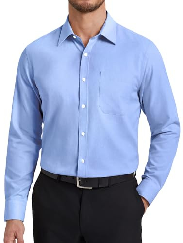 HISDERN Camisas Hombre Manga Larga Camisa Azul Cielo de Vestir Hombre Algodón Boda Formal Regular Fit con Bolsillo Botones Elegante Fiesta 2XL